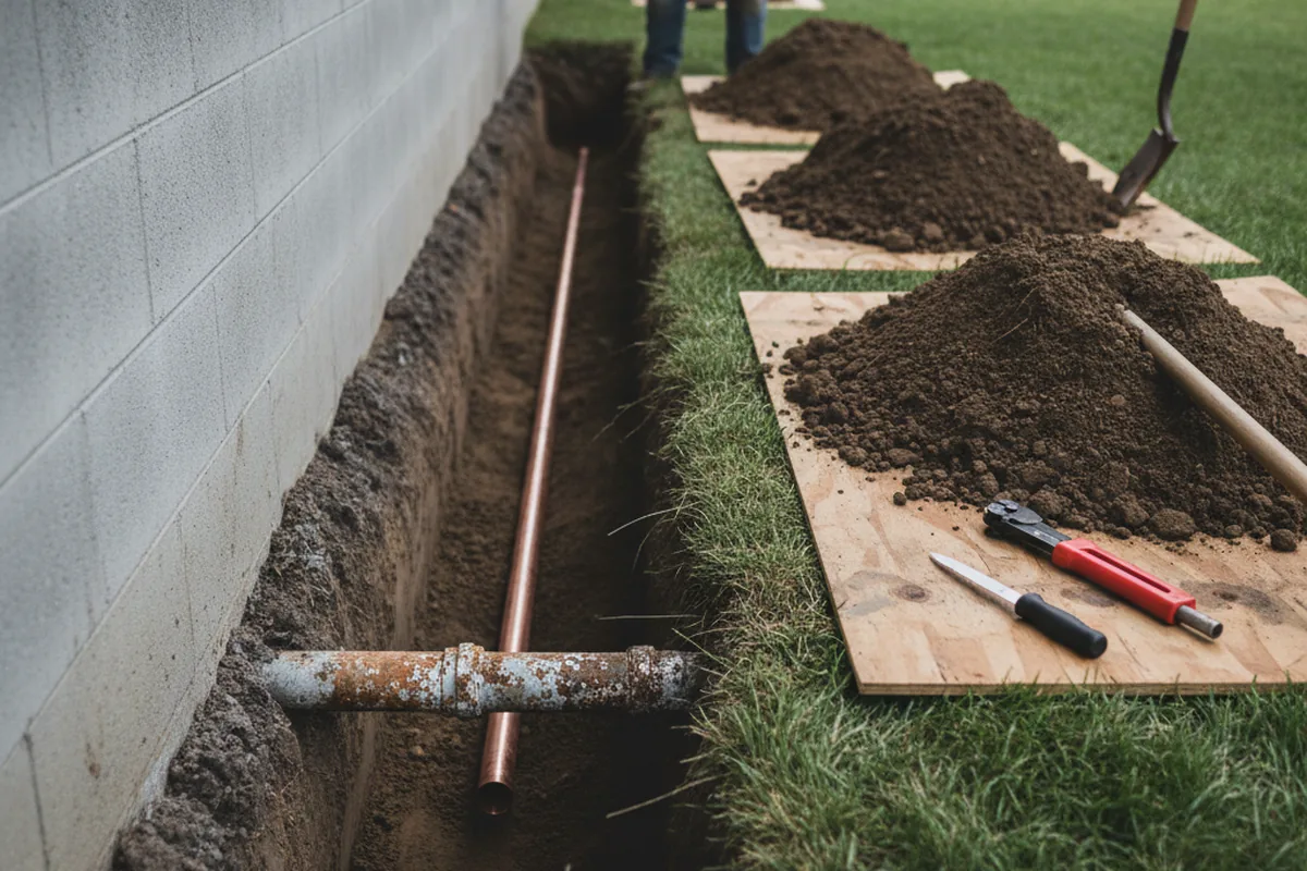 Excavated water line trench during Sewer Line Repair in Gibbstown